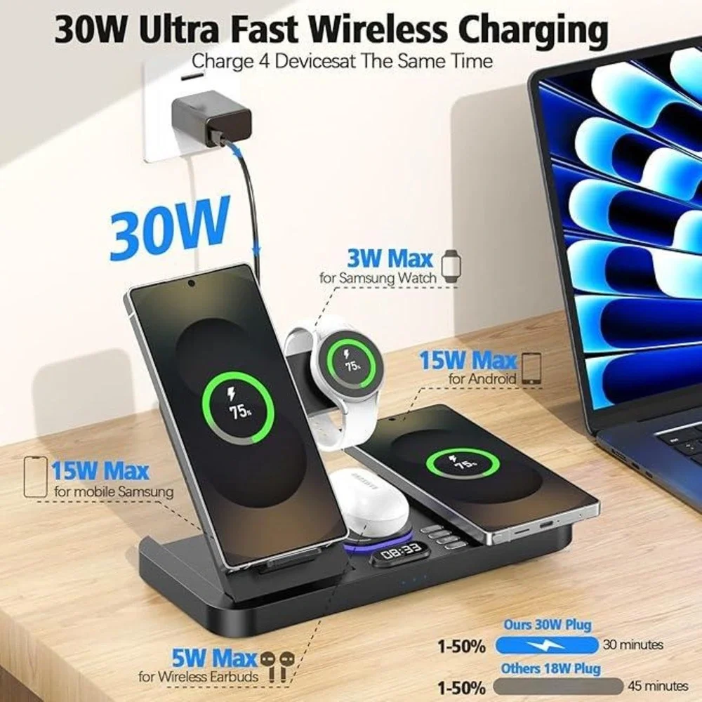 6-in-1‎ Magnetic Wireless Charging Station 30W Fast Charger Clock Night Light